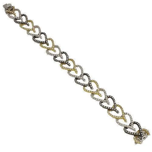 18K Tri Color Solid Gold Womens Diamond Heart Bracelet 4.46 Ctw