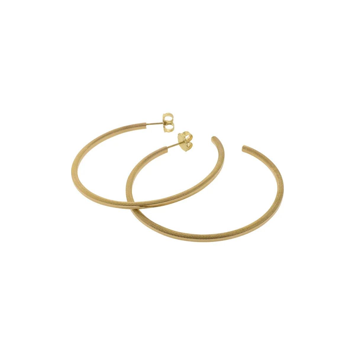 18K Yellow Gold High-Polish and Stippled Style Hollow Hoop Earrings
