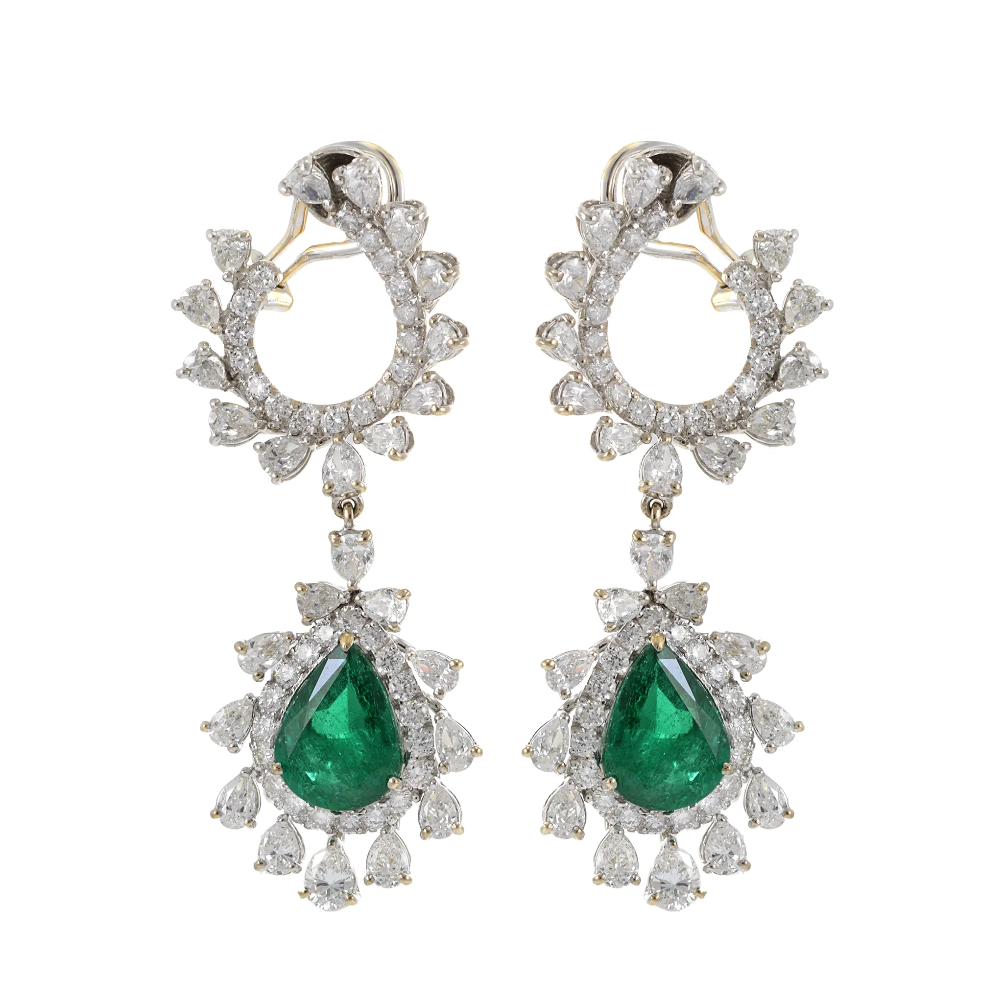 18KT White Gold Genuine Emerald and Diamond Drop Earrings