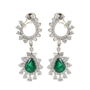 18KT White Gold Genuine Emerald and Diamond Drop Earrings