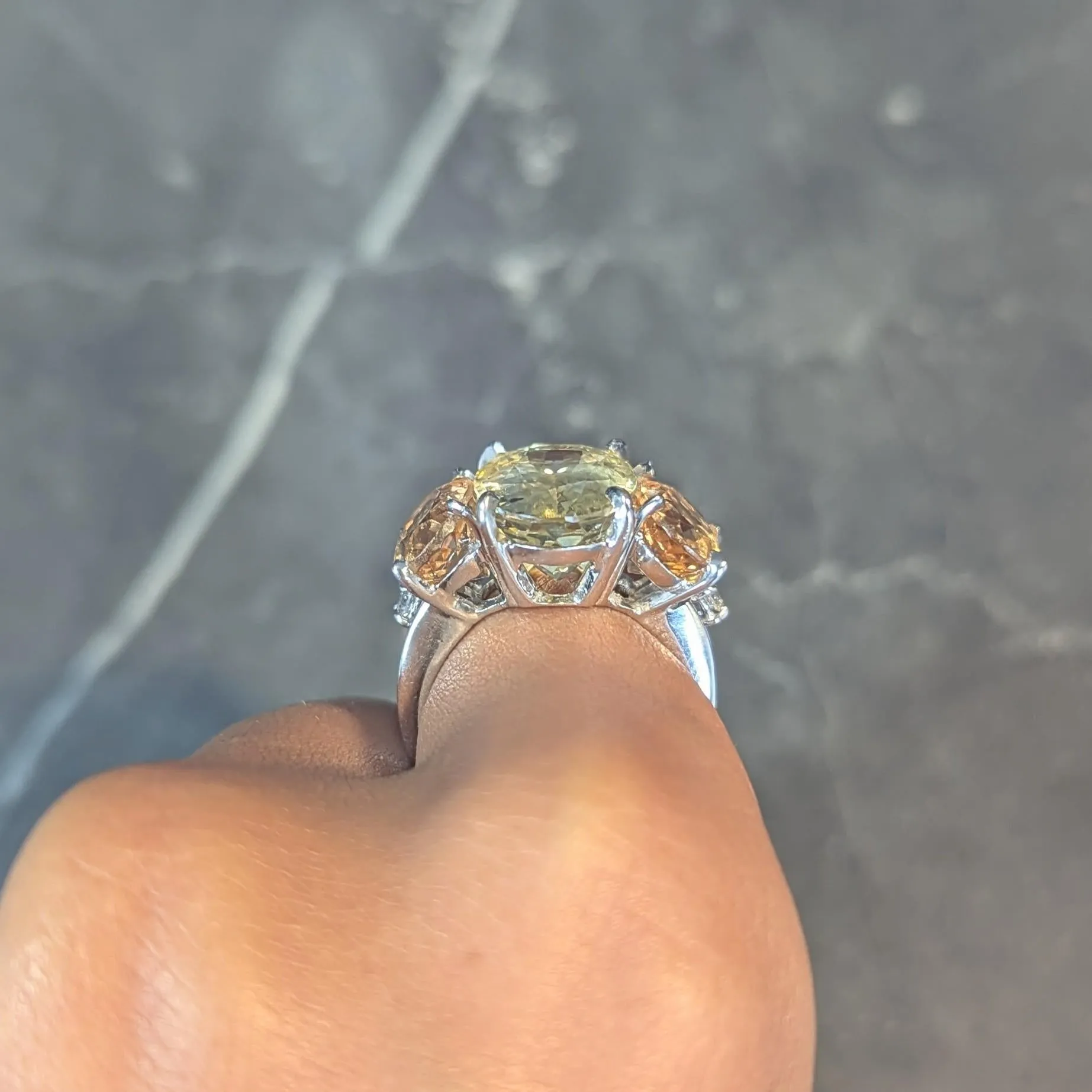 1980's 16.58 CTW No Heat Ceylon Yellow Sapphire Garnet Diamond 18 Karat White Gold Vintage Ring GIA