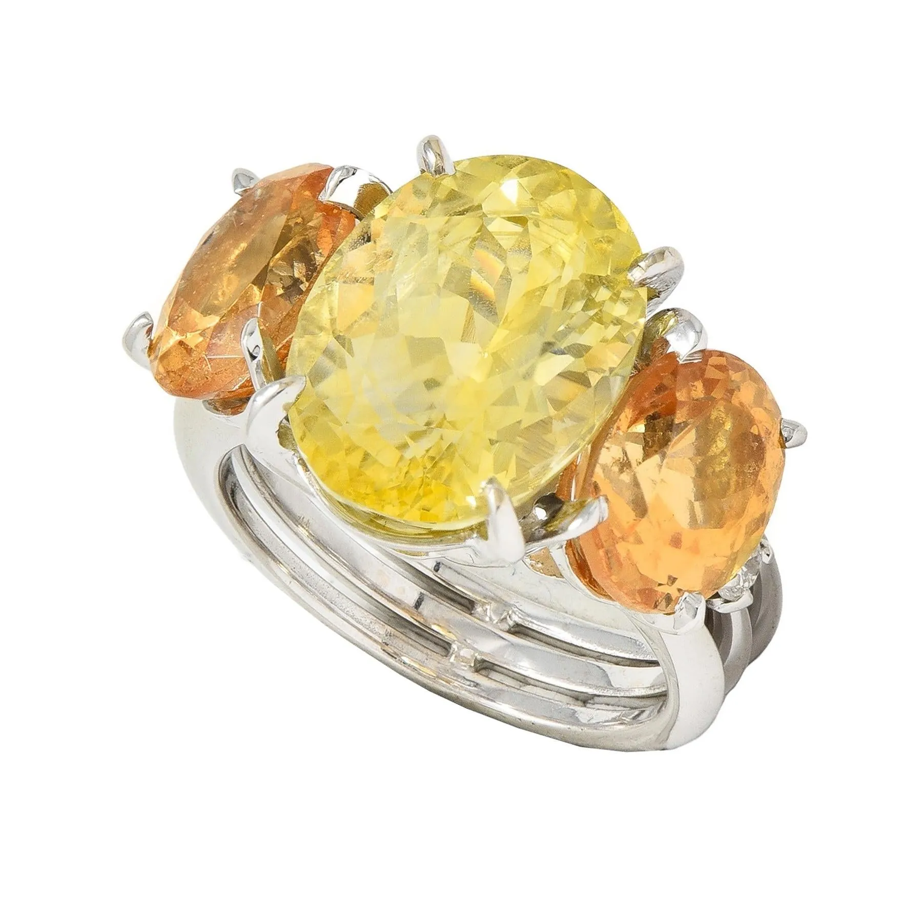 1980's 16.58 CTW No Heat Ceylon Yellow Sapphire Garnet Diamond 18 Karat White Gold Vintage Ring GIA