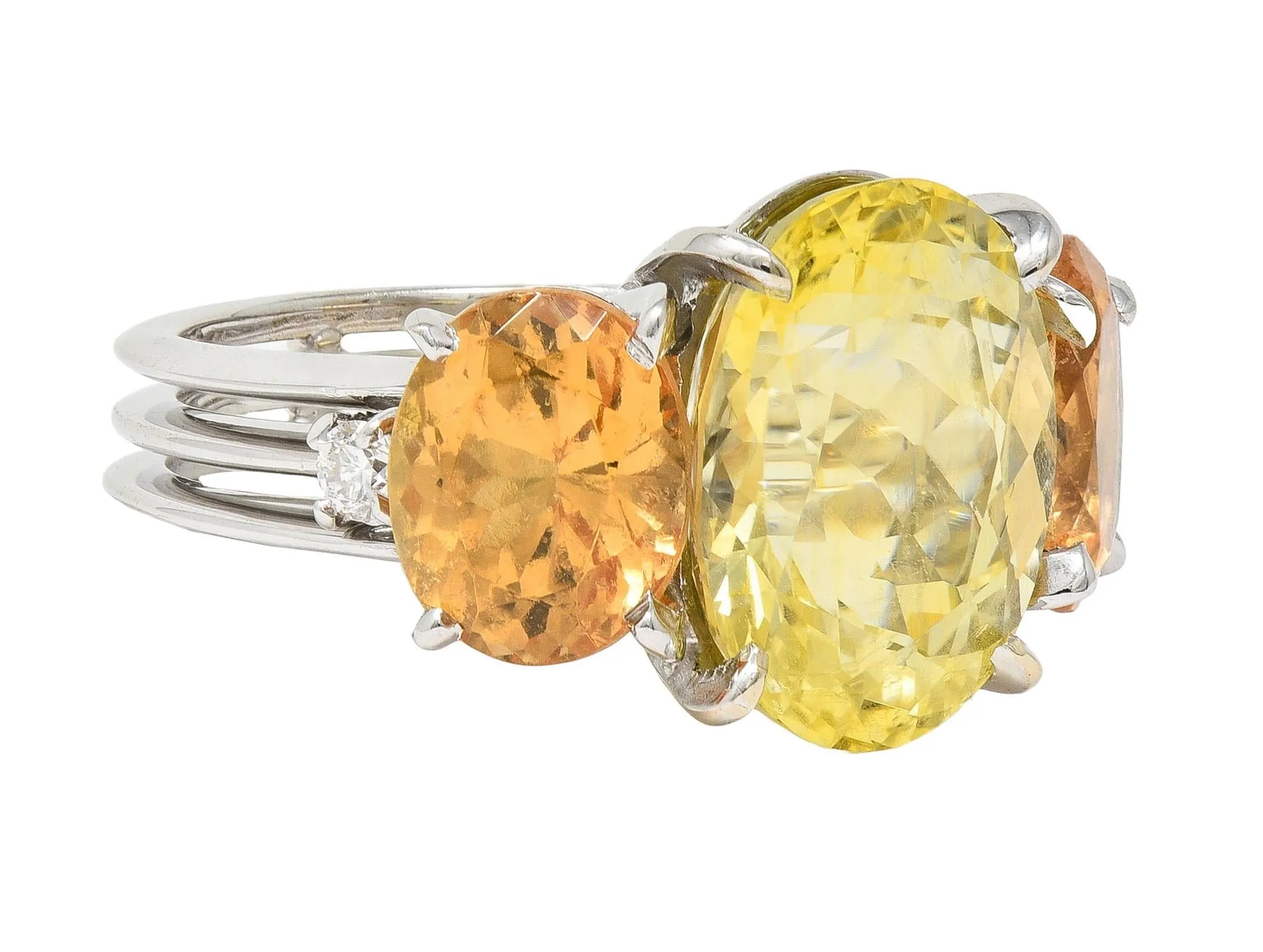 1980's 16.58 CTW No Heat Ceylon Yellow Sapphire Garnet Diamond 18 Karat White Gold Vintage Ring GIA
