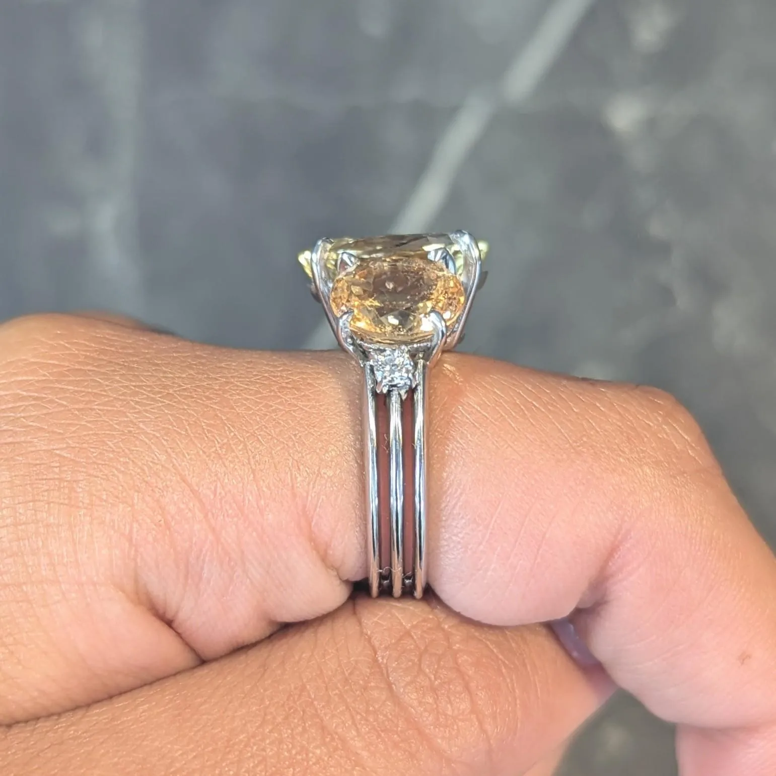 1980's 16.58 CTW No Heat Ceylon Yellow Sapphire Garnet Diamond 18 Karat White Gold Vintage Ring GIA