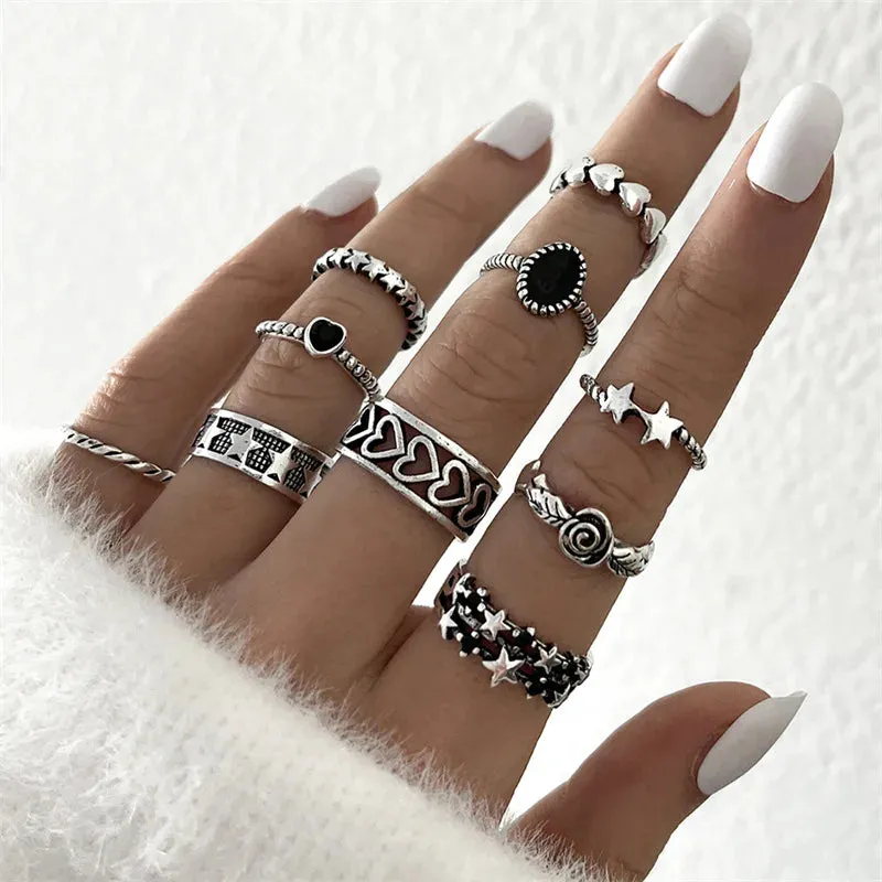 21pcs/set Punk Gothic Butterfly Snake Heart Rings Set For Women Men Vintage Silver Plated Geometric Finger Rings Party Jewelry