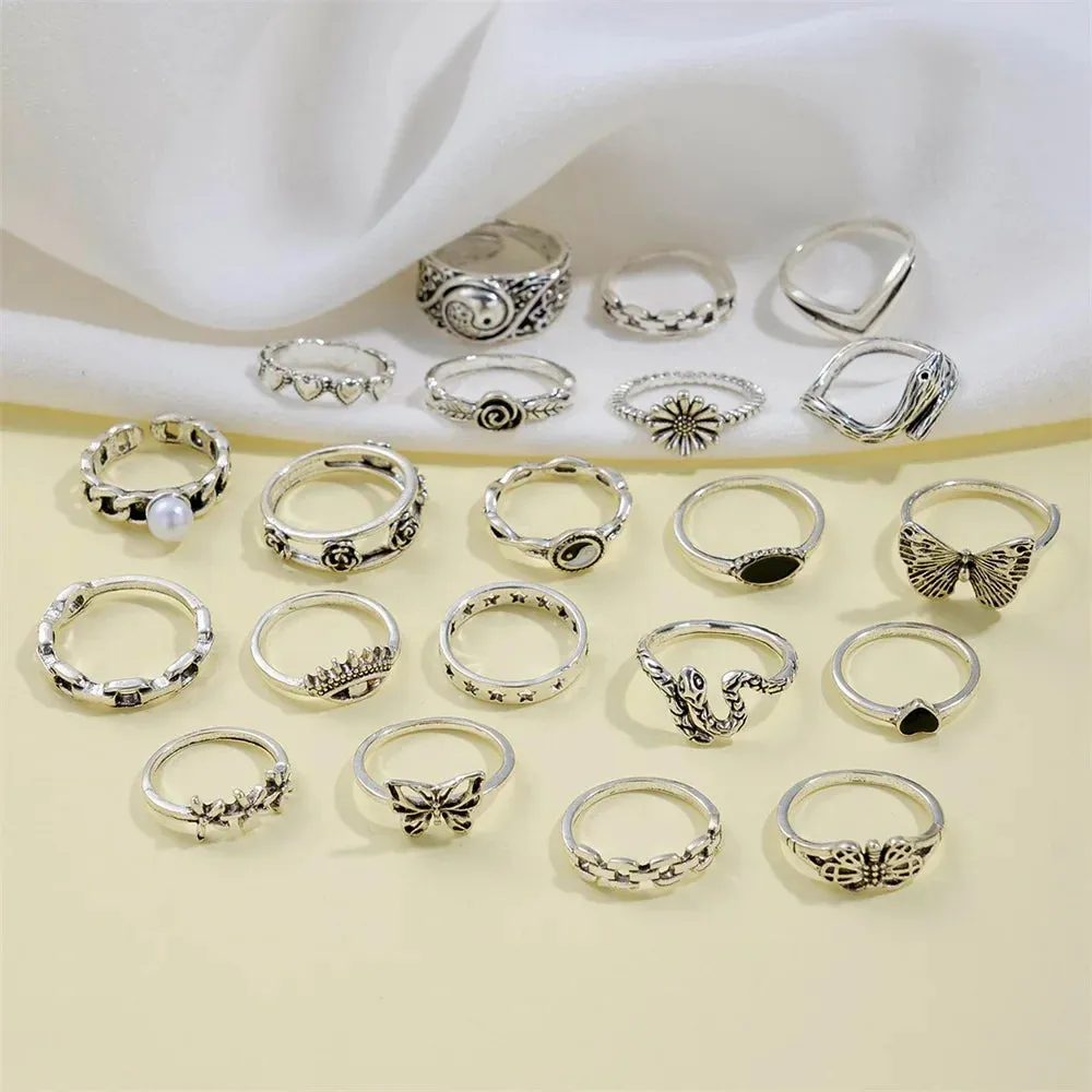 21pcs/set Punk Gothic Butterfly Snake Heart Rings Set For Women Men Vintage Silver Plated Geometric Finger Rings Party Jewelry