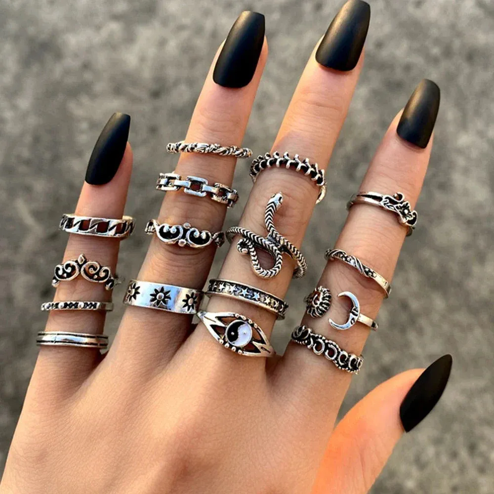 21pcs/set Punk Gothic Butterfly Snake Heart Rings Set For Women Men Vintage Silver Plated Geometric Finger Rings Party Jewelry