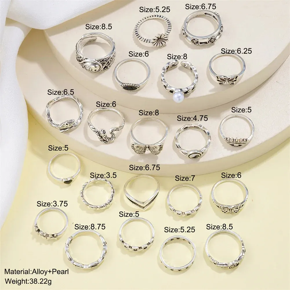 21pcs/set Punk Gothic Butterfly Snake Heart Rings Set For Women Men Vintage Silver Plated Geometric Finger Rings Party Jewelry