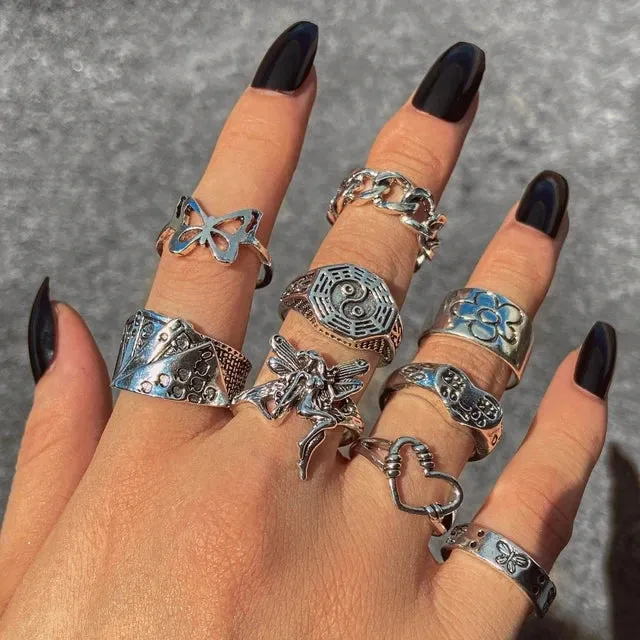 21pcs/set Punk Gothic Butterfly Snake Heart Rings Set For Women Men Vintage Silver Plated Geometric Finger Rings Party Jewelry