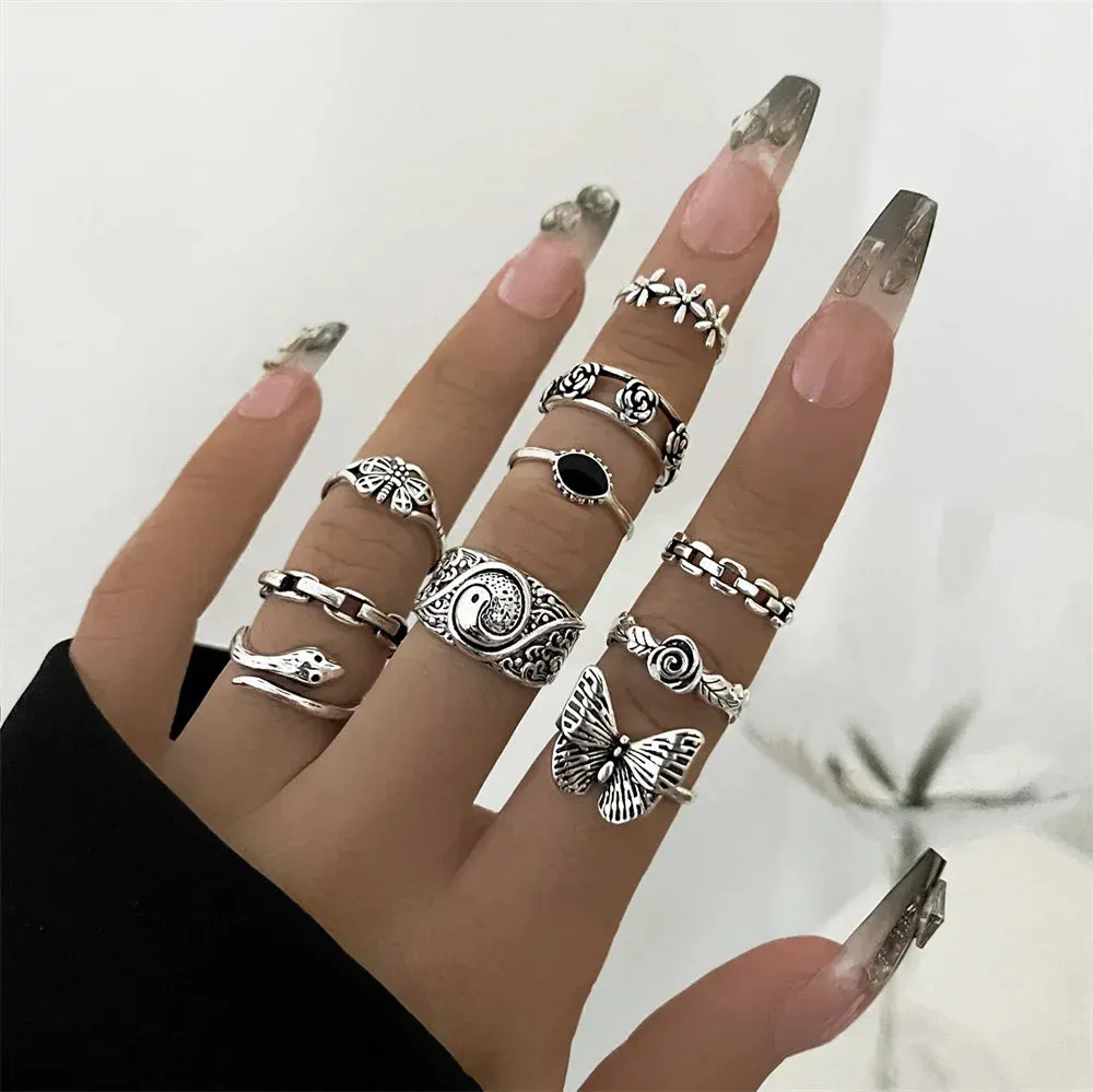 21pcs/set Punk Gothic Butterfly Snake Heart Rings Set For Women Men Vintage Silver Plated Geometric Finger Rings Party Jewelry