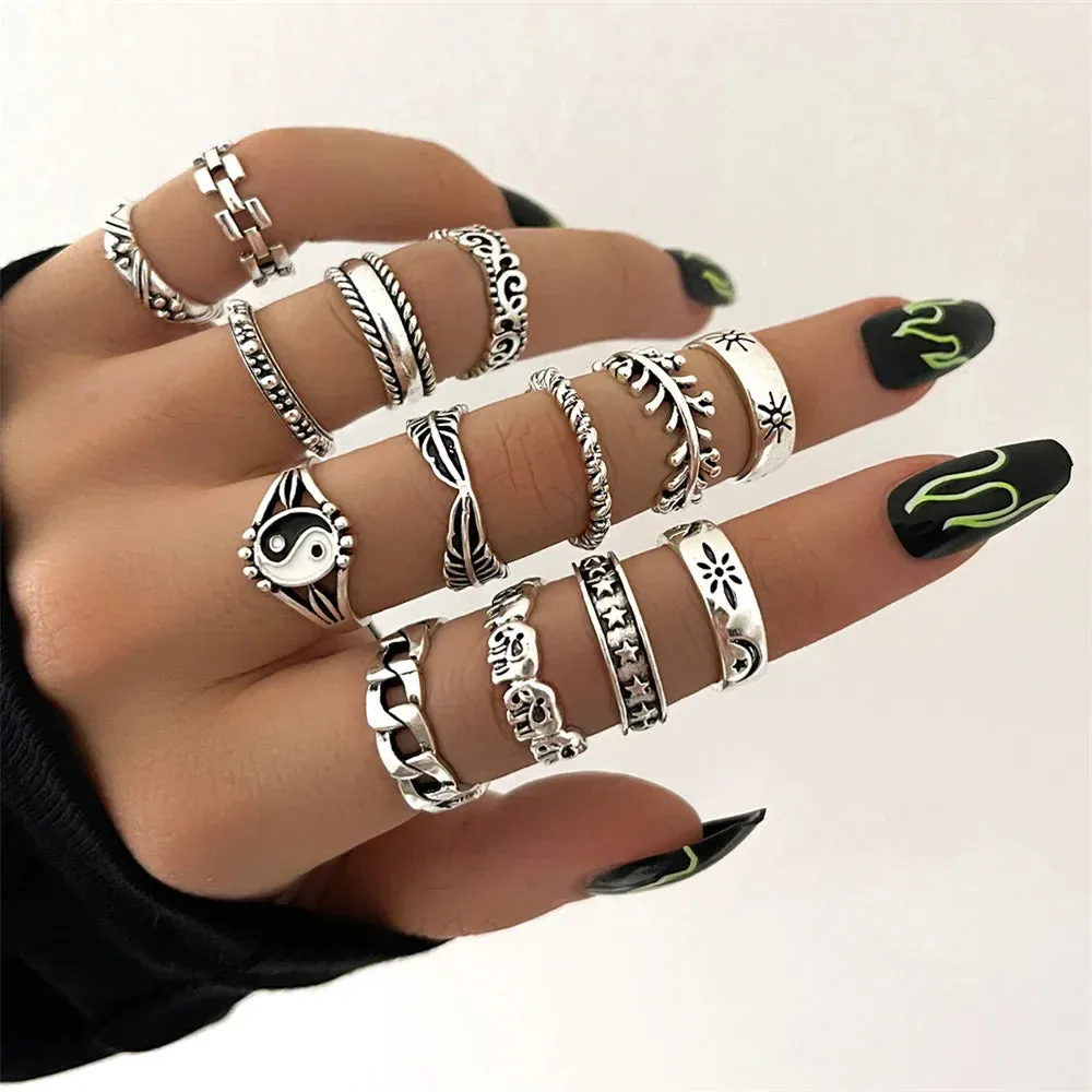 21pcs/set Punk Gothic Butterfly Snake Heart Rings Set For Women Men Vintage Silver Plated Geometric Finger Rings Party Jewelry