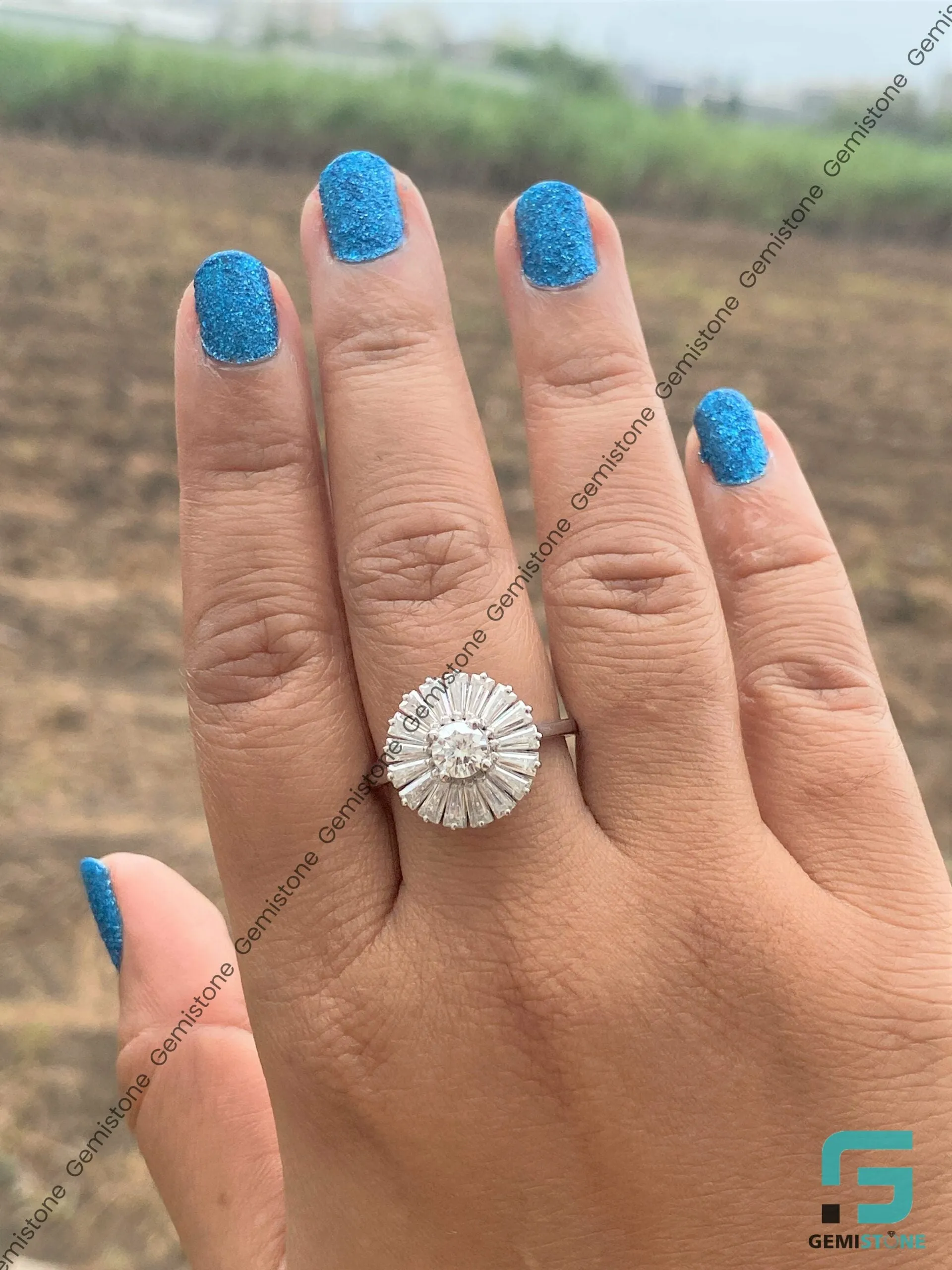 3.20 TCW Round and Baguette Cut Moissanite Ballerina Halo Ring