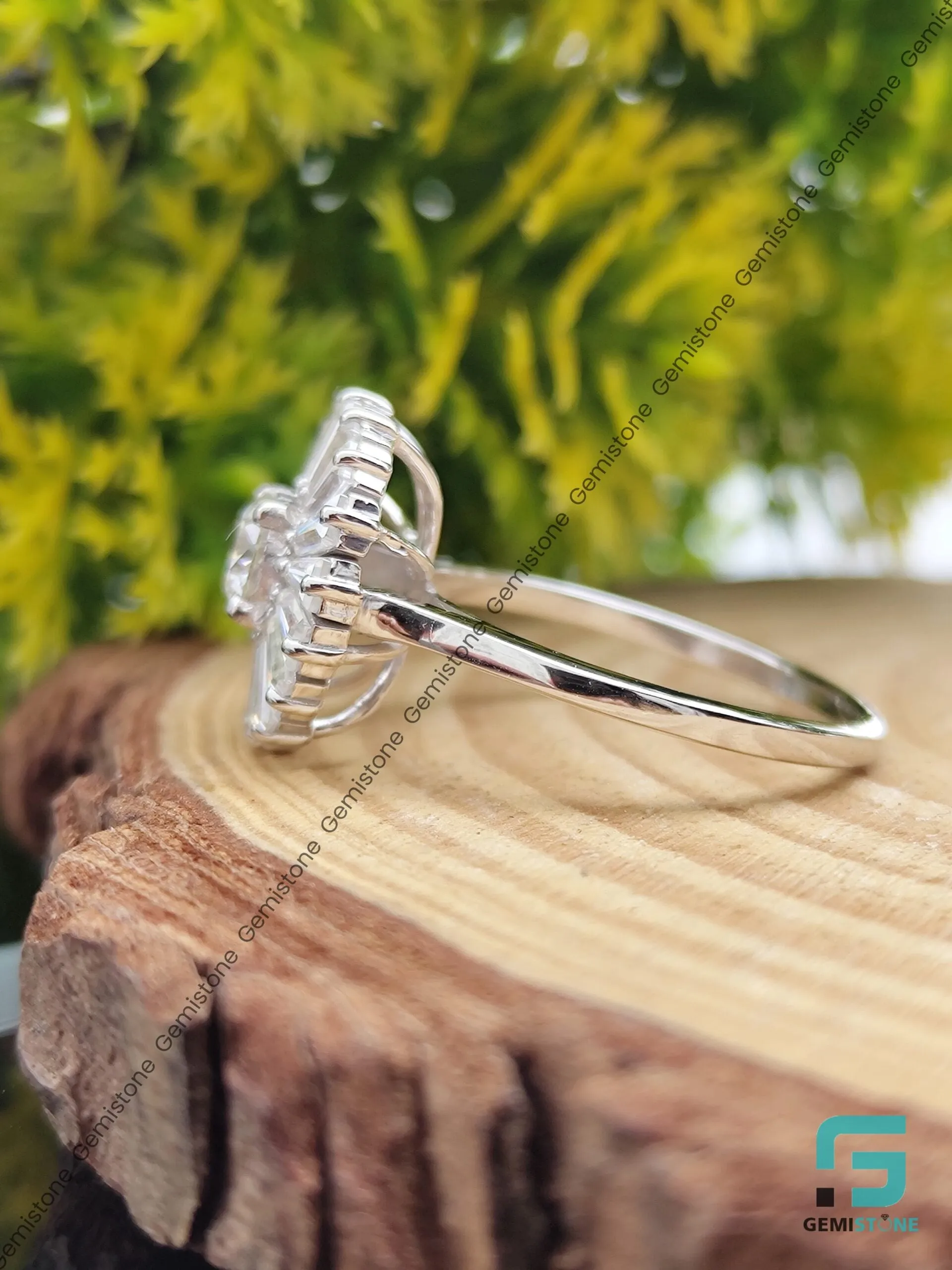 3.20 TCW Round and Baguette Cut Moissanite Ballerina Halo Ring
