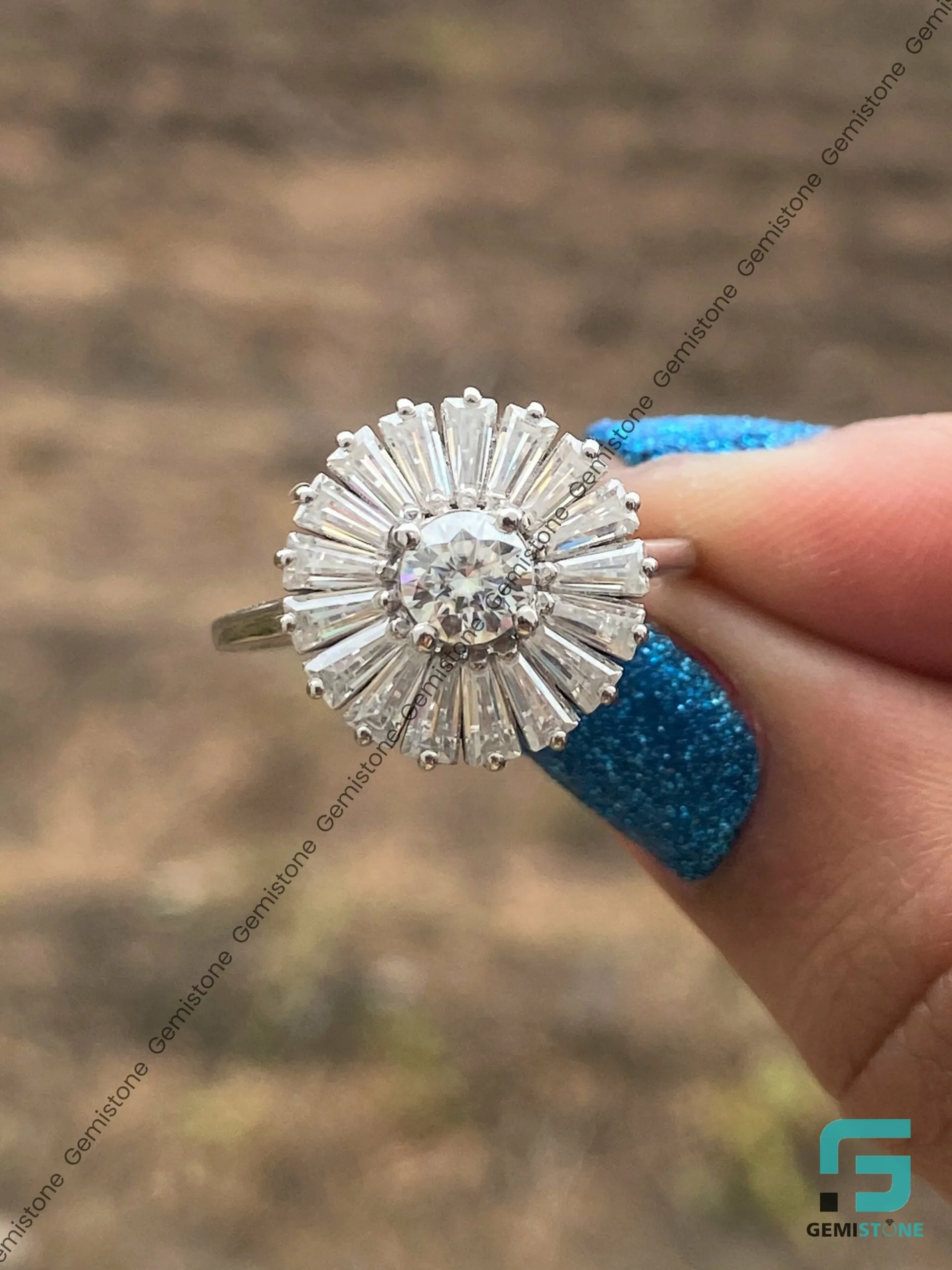 3.20 TCW Round and Baguette Cut Moissanite Ballerina Halo Ring