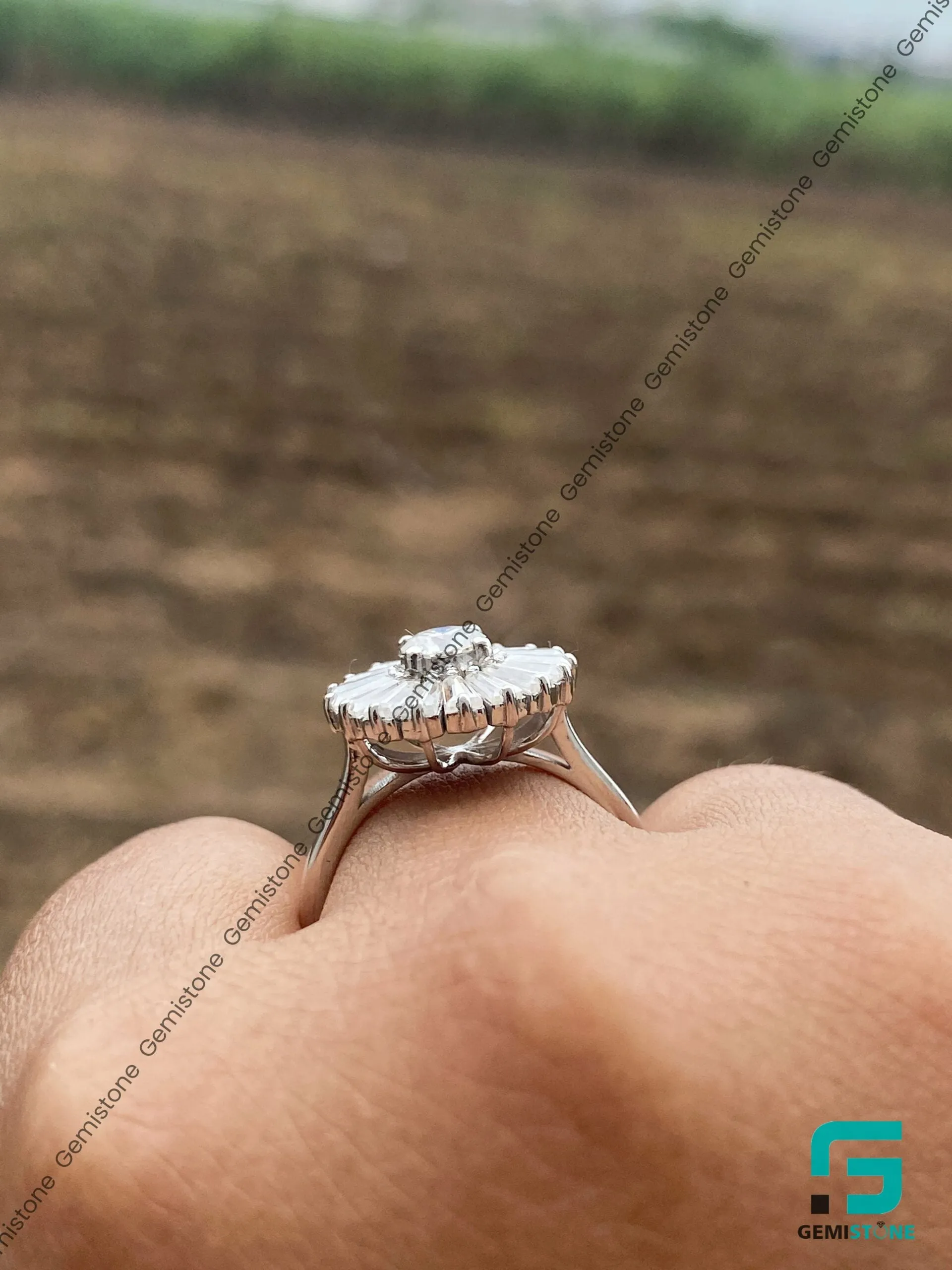 3.20 TCW Round and Baguette Cut Moissanite Ballerina Halo Ring