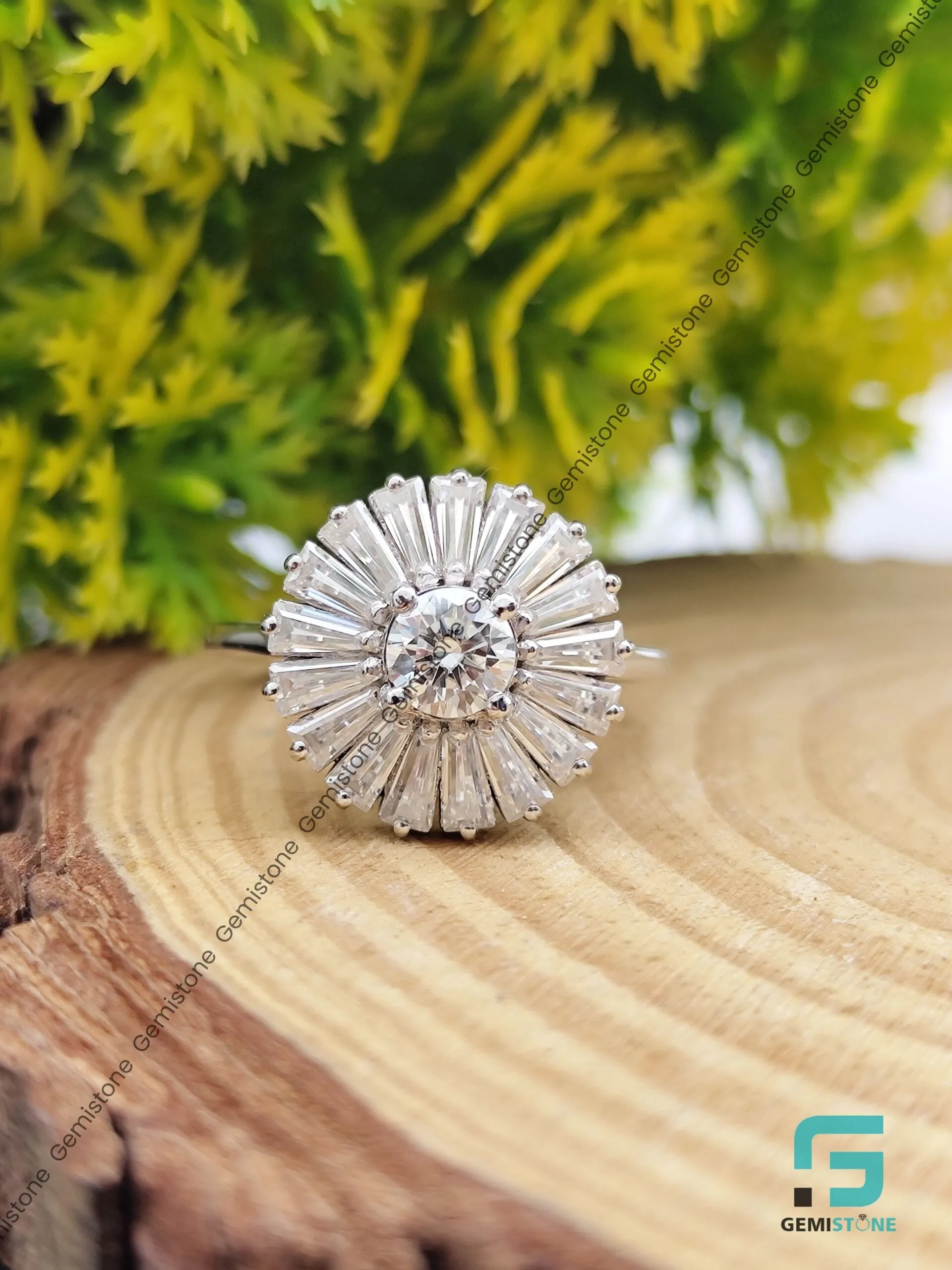 3.20 TCW Round and Baguette Cut Moissanite Ballerina Halo Ring