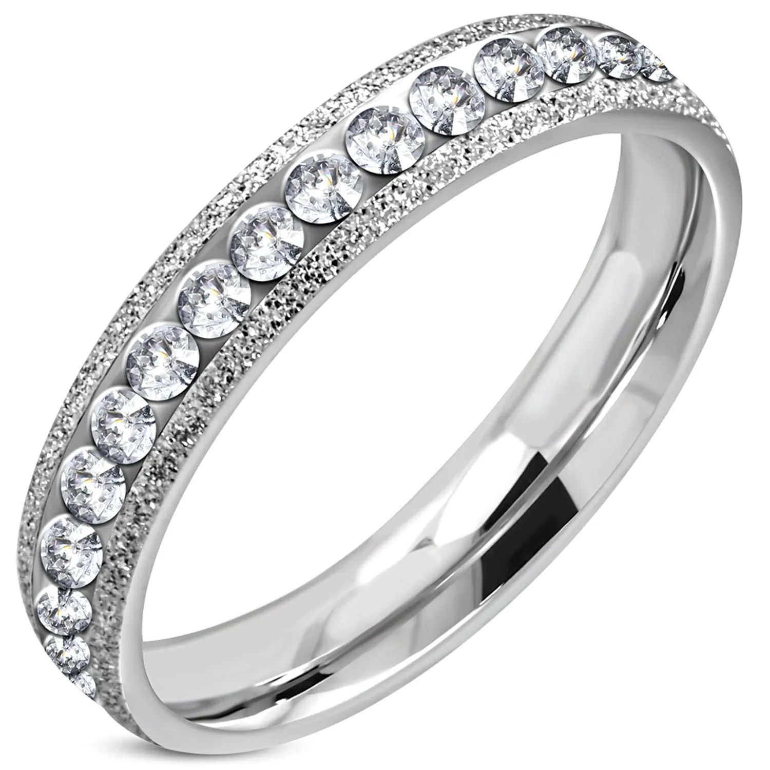 4 MM Stainless Steel Stardust Sandblasted Eternity CZ Comfort Fit Wedding Band Ring