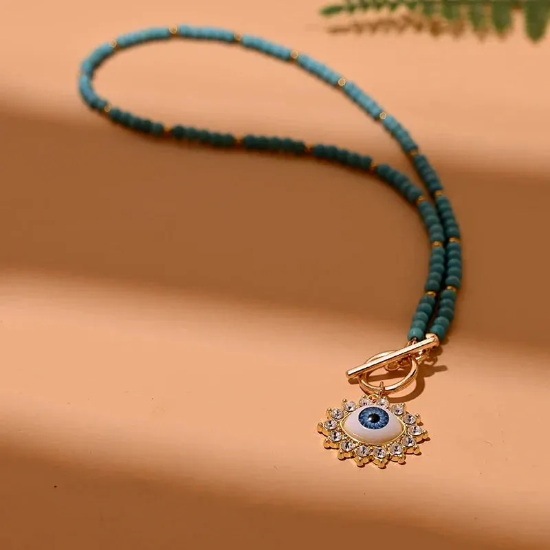4mm Colorful Stone Choker Necklace for Women Round Evil Charm Pendant Necklace Fashion New Daily Jewelry