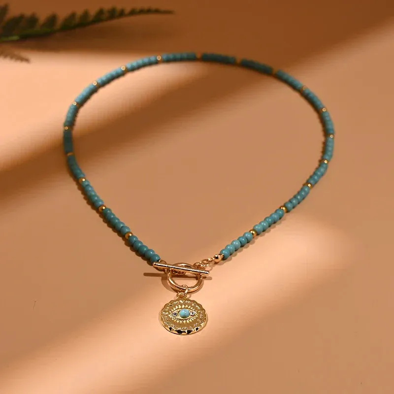 4mm Colorful Stone Choker Necklace for Women Round Evil Charm Pendant Necklace Fashion New Daily Jewelry