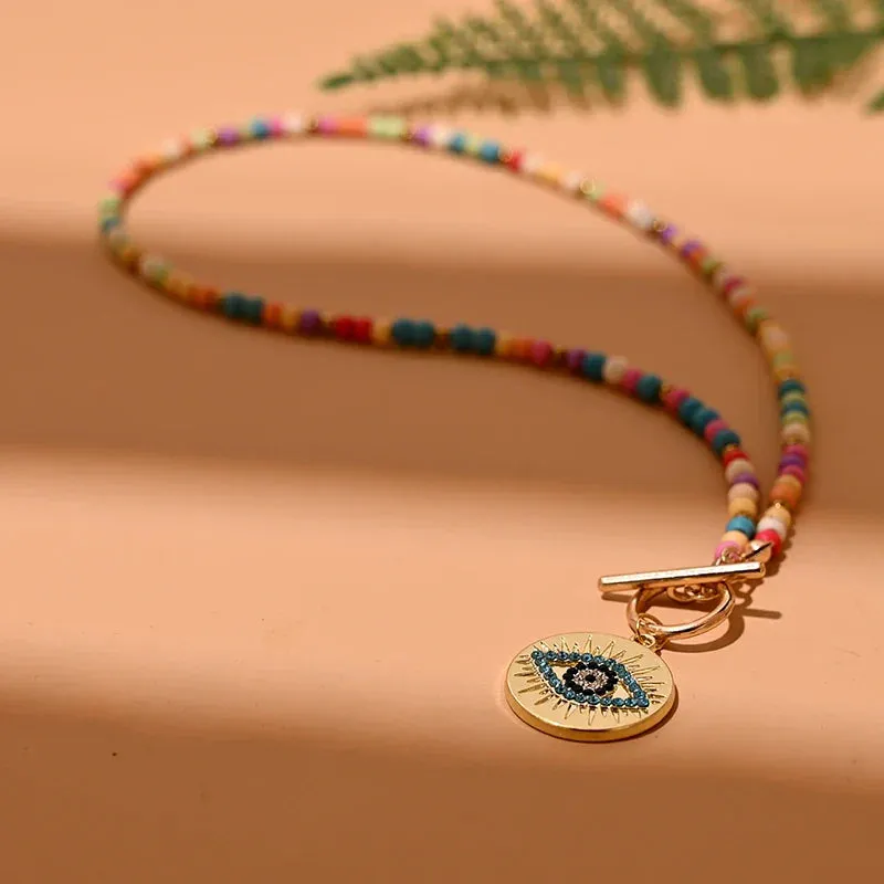 4mm Colorful Stone Choker Necklace for Women Round Evil Charm Pendant Necklace Fashion New Daily Jewelry
