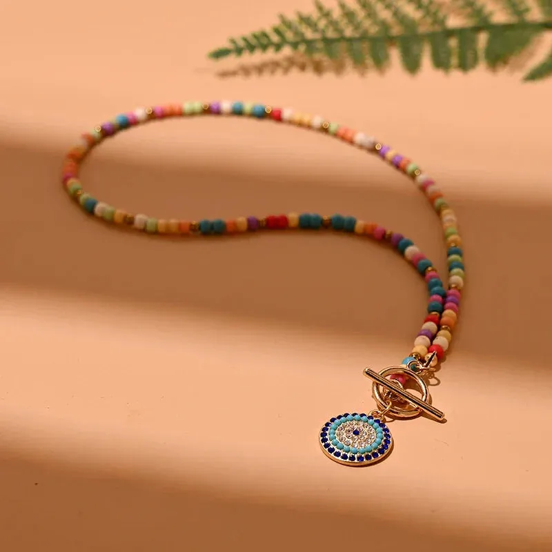 4mm Colorful Stone Choker Necklace for Women Round Evil Charm Pendant Necklace Fashion New Daily Jewelry