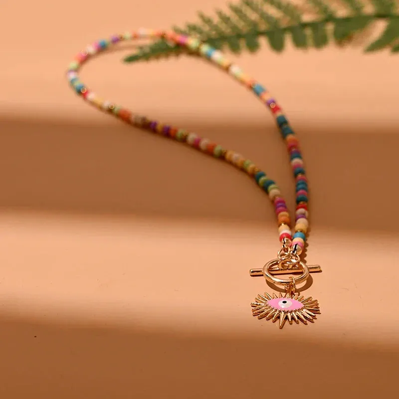 4mm Colorful Stone Choker Necklace for Women Round Evil Charm Pendant Necklace Fashion New Daily Jewelry