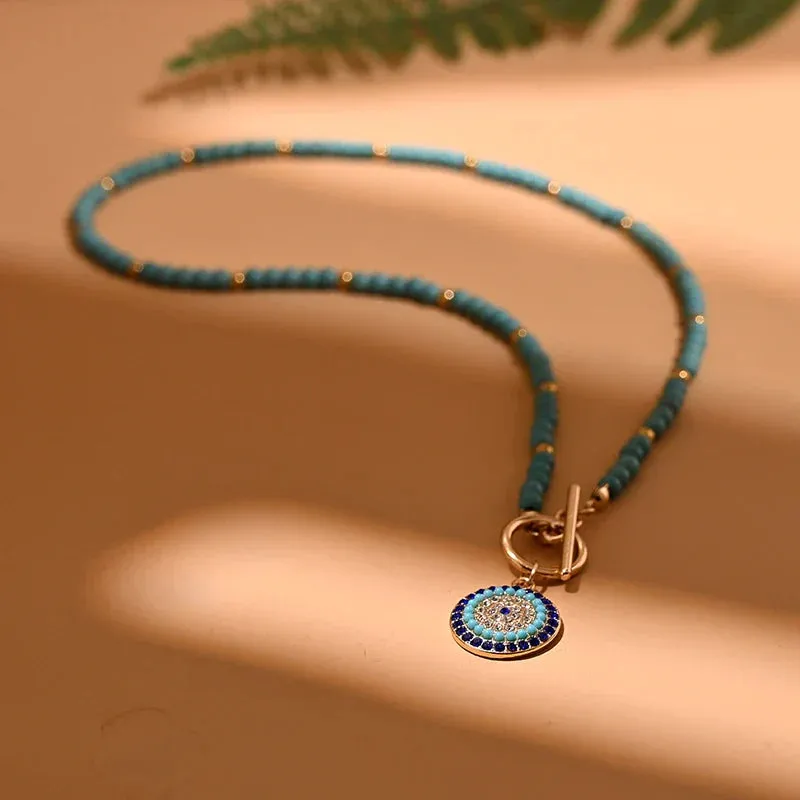 4mm Colorful Stone Choker Necklace for Women Round Evil Charm Pendant Necklace Fashion New Daily Jewelry