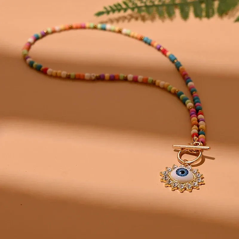 4mm Colorful Stone Choker Necklace for Women Round Evil Charm Pendant Necklace Fashion New Daily Jewelry