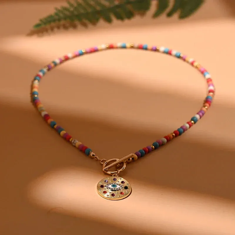 4mm Colorful Stone Choker Necklace for Women Round Evil Charm Pendant Necklace Fashion New Daily Jewelry