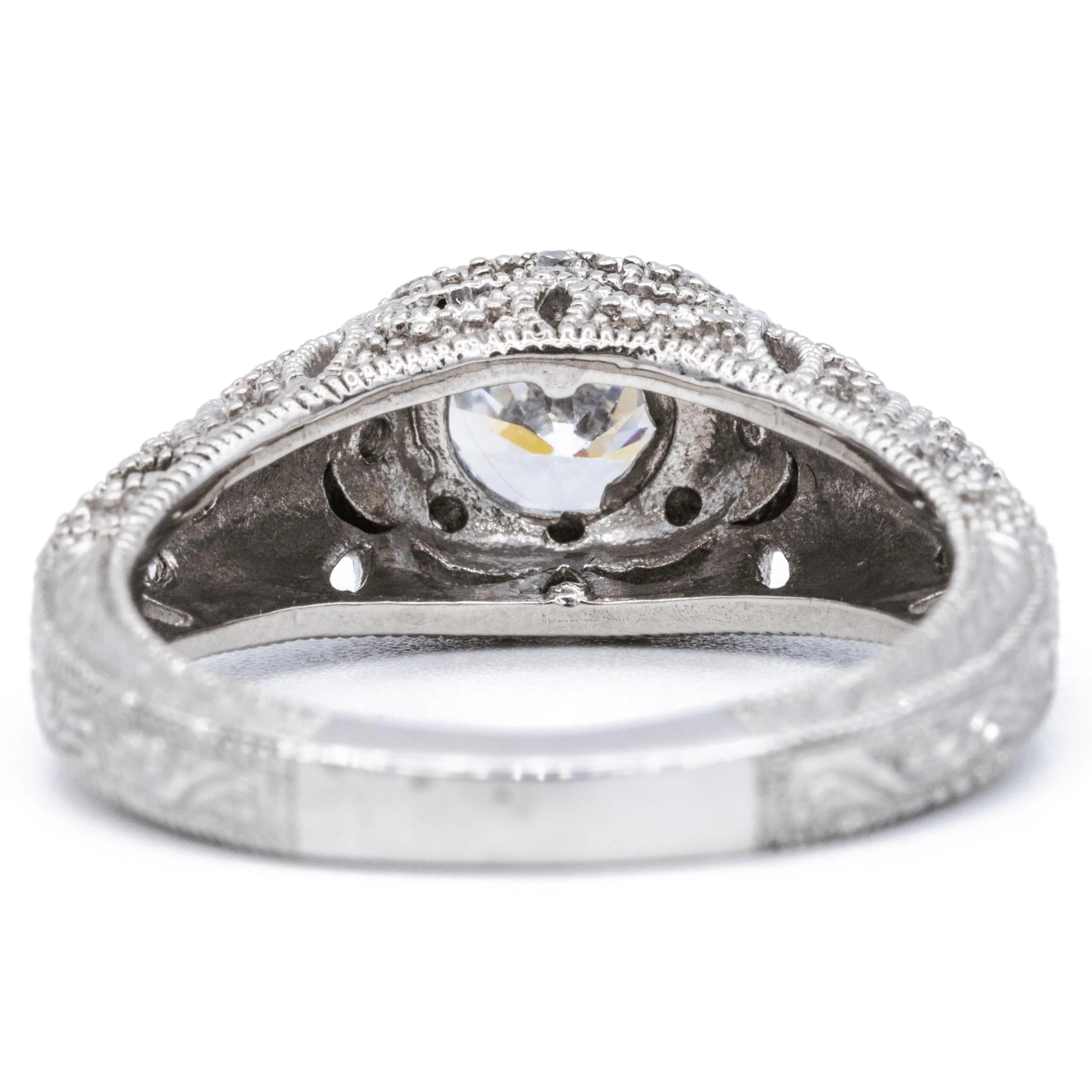 5.5mm Round Center 14K White Solid Gold Milgrain Vintage Band Design Ring