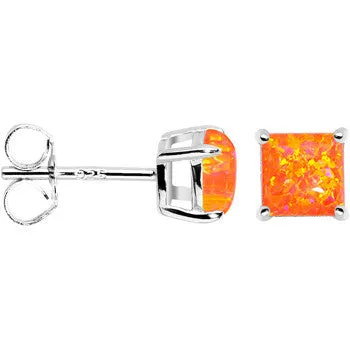 6mm Orange Square Sterling Silver Synthetic Opal Stud Earrings