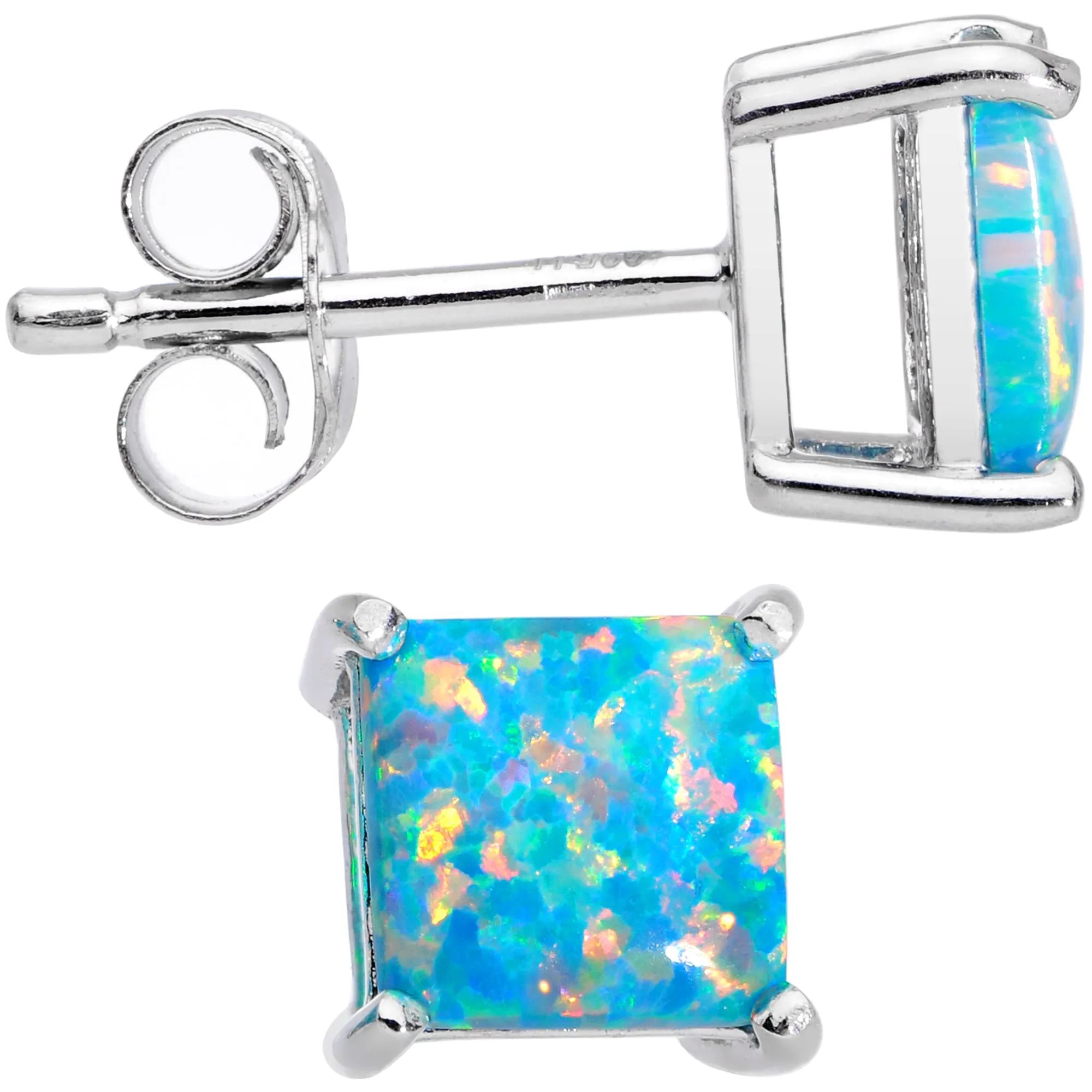 6mm Teal Square Sterling Silver Synthetic Opal Stud Earrings