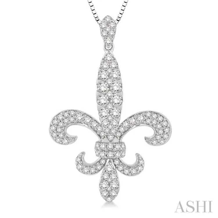 7/8 Ctw Round Cut Diamond Fleur De Lis Pendant in 14K White Gold with Chain