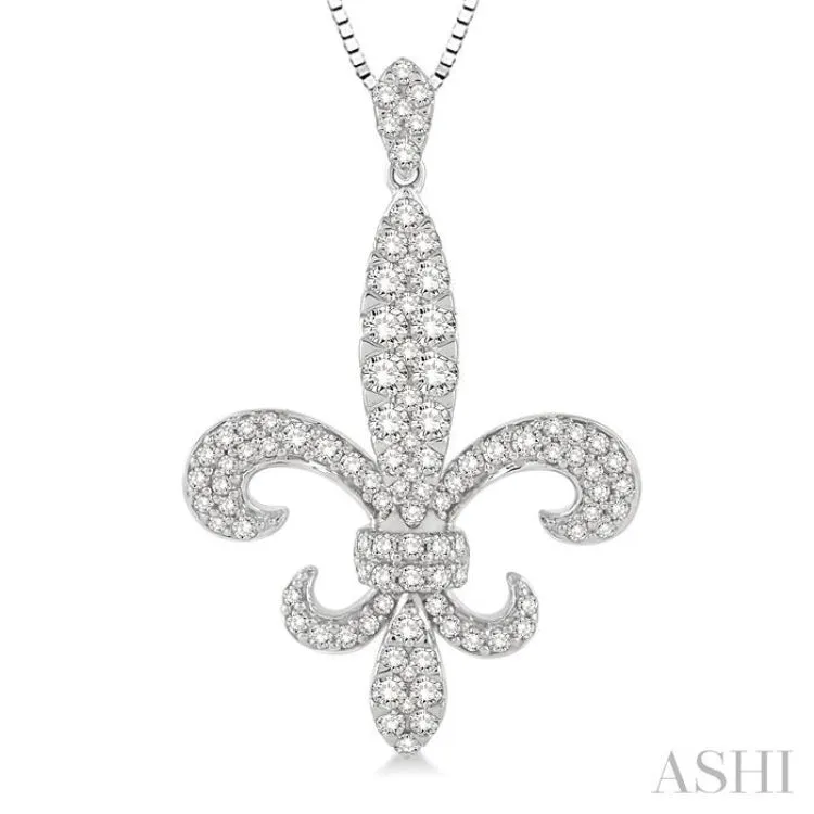7/8 Ctw Round Cut Diamond Fleur De Lis Pendant in 14K White Gold with Chain