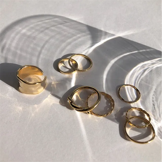 7pcs Fashion Punk joint Ring Set Geometric Twist Minimalist Jewelry Metal circular Golden Ring for Women. Street Dance Accessory.
