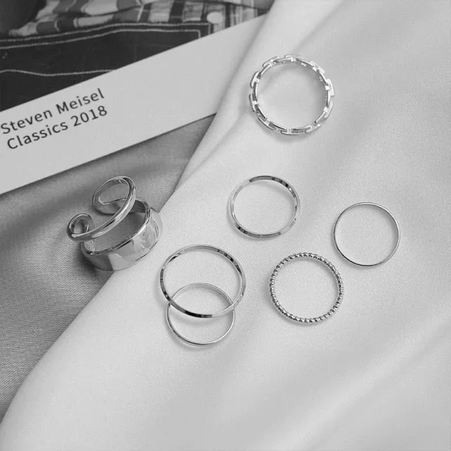 7pcs Fashion Punk joint Ring Set Geometric Twist Minimalist Jewelry Metal circular Golden Ring for Women. Street Dance Accessory.