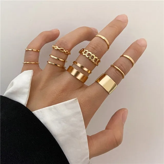 7pcs Fashion Punk joint Ring Set Geometric Twist Minimalist Jewelry Metal circular Golden Ring for Women. Street Dance Accessory.