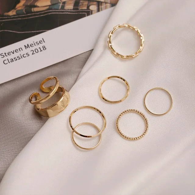 7pcs Fashion Punk joint Ring Set Geometric Twist Minimalist Jewelry Metal circular Golden Ring for Women. Street Dance Accessory.
