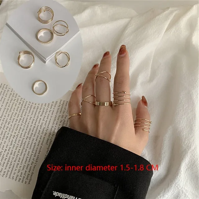 7pcs Fashion Punk joint Ring Set Geometric Twist Minimalist Jewelry Metal circular Golden Ring for Women. Street Dance Accessory.