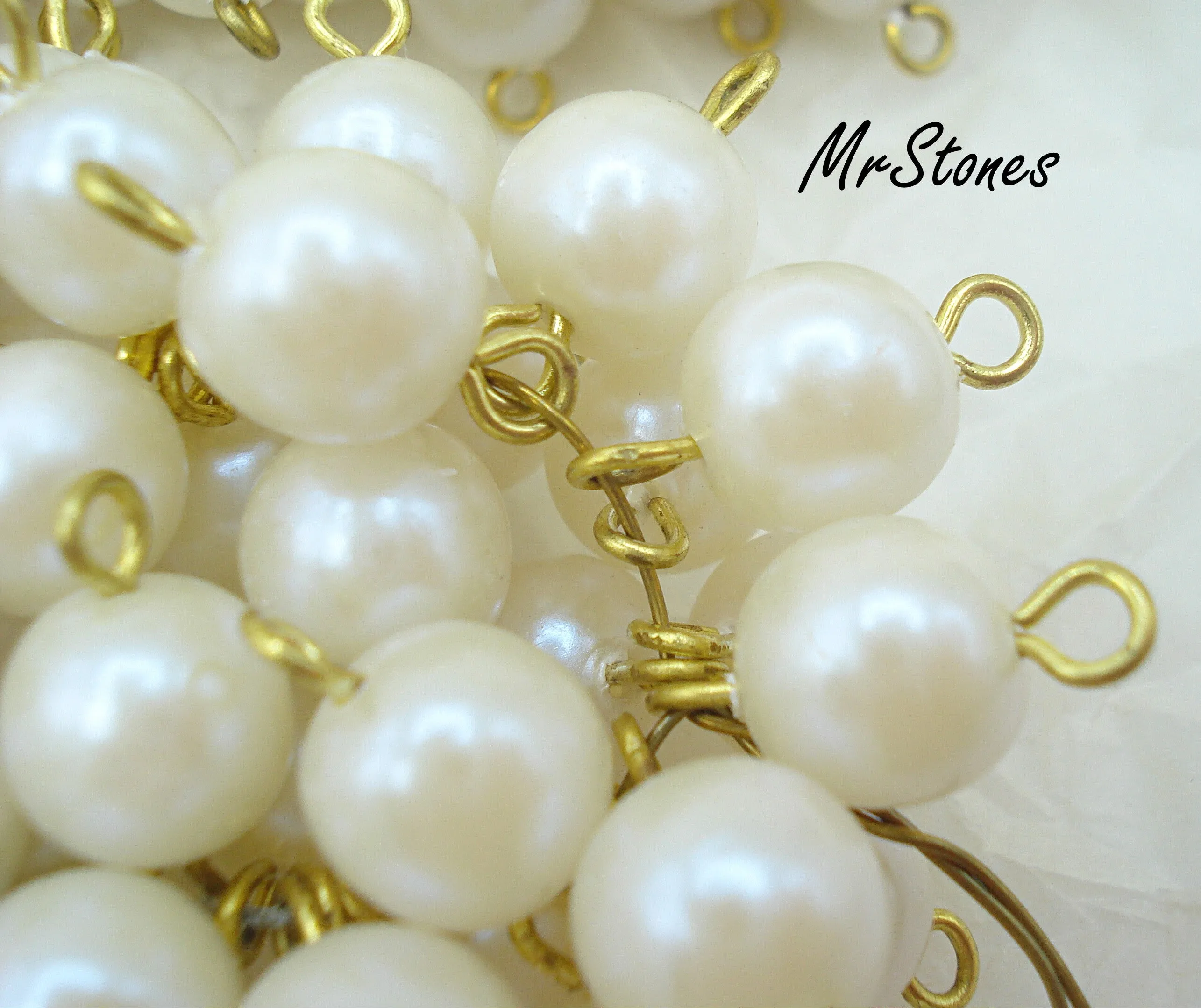 8mm Off White Imitation Acrylic Pearl Connectors Gold Tone Rings Japan 1ea or 4pk