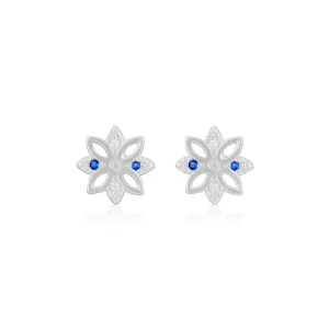 925 Sterling Silver Blue Aura Floral Spark Rhodium Plated Stud For Women