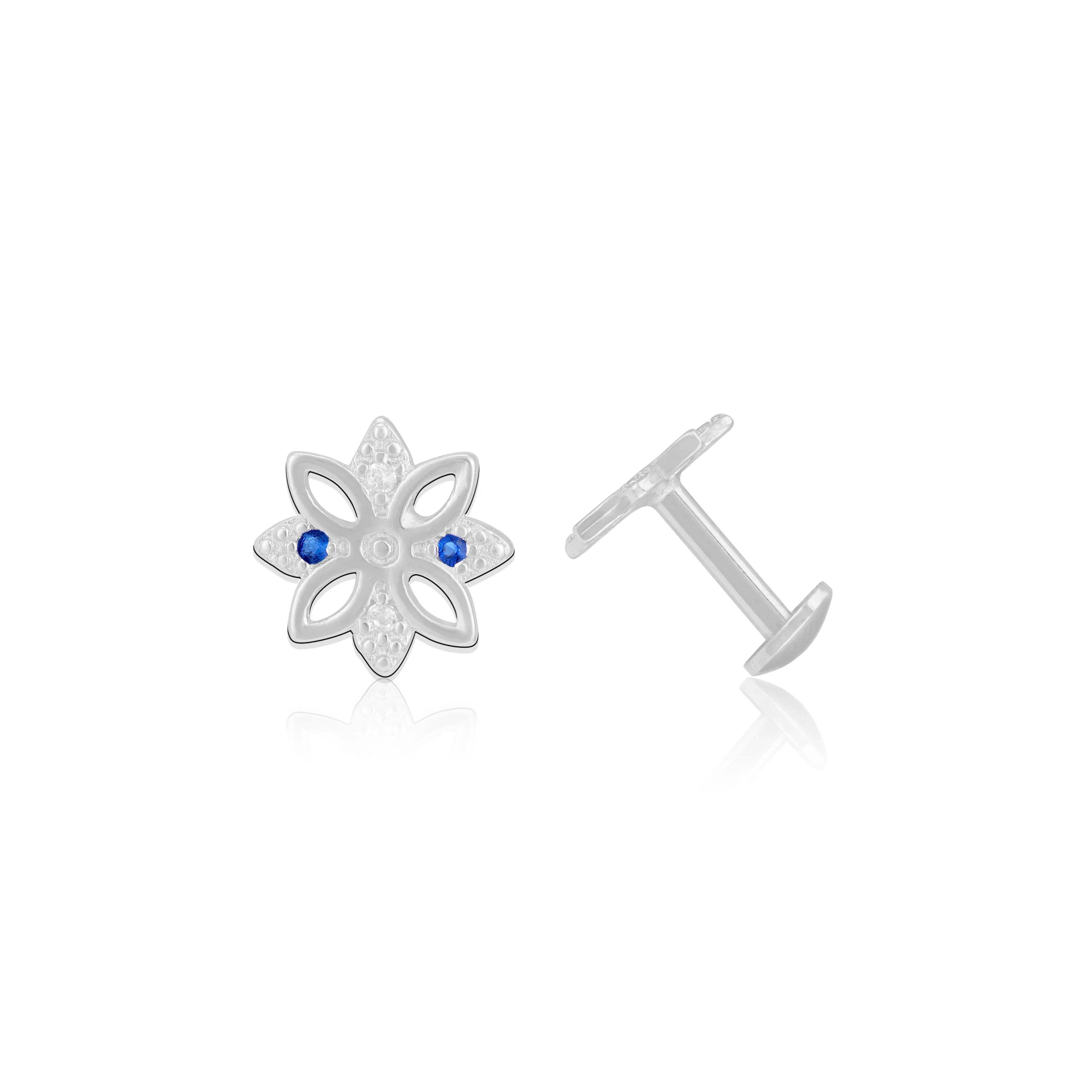 925 Sterling Silver Blue Aura Floral Spark Rhodium Plated Stud For Women