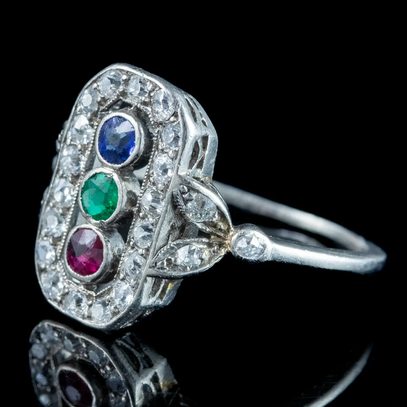 Antique Art Deco Emerald Ruby Sapphire Diamond Cluster Ring