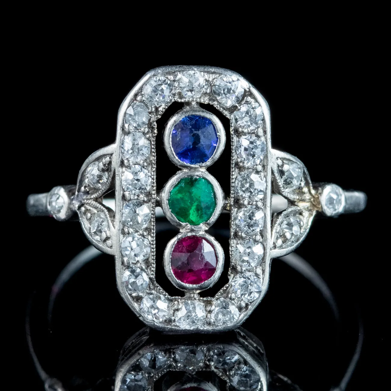 Antique Art Deco Emerald Ruby Sapphire Diamond Cluster Ring