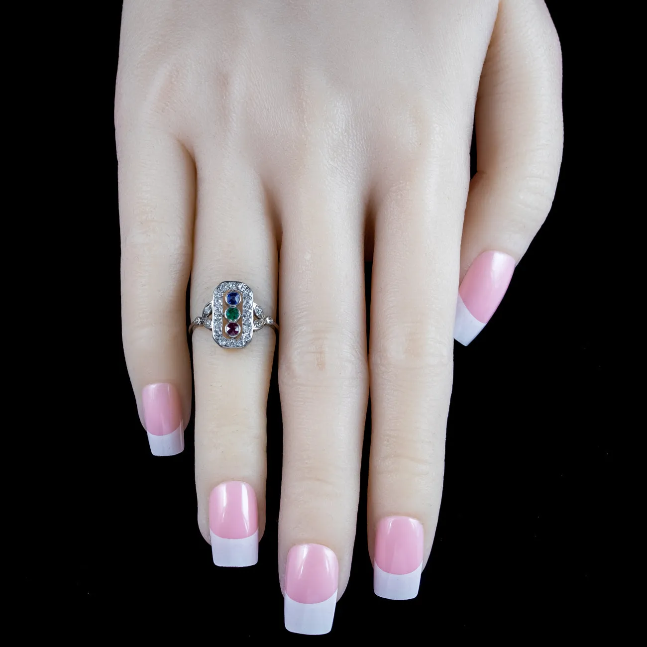 Antique Art Deco Emerald Ruby Sapphire Diamond Cluster Ring