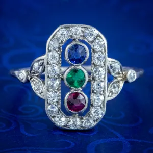 Antique Art Deco Emerald Ruby Sapphire Diamond Cluster Ring