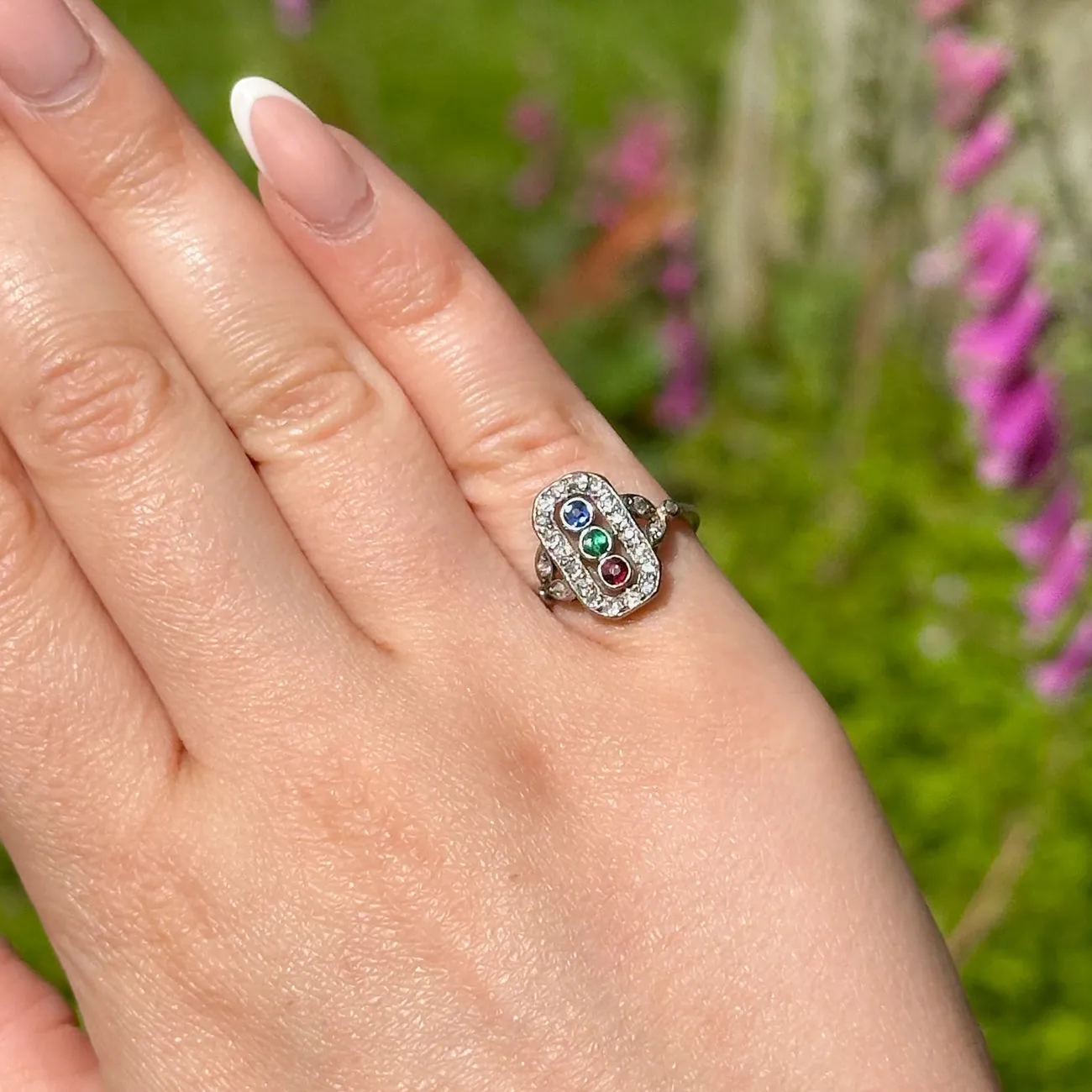 Antique Art Deco Emerald Ruby Sapphire Diamond Cluster Ring