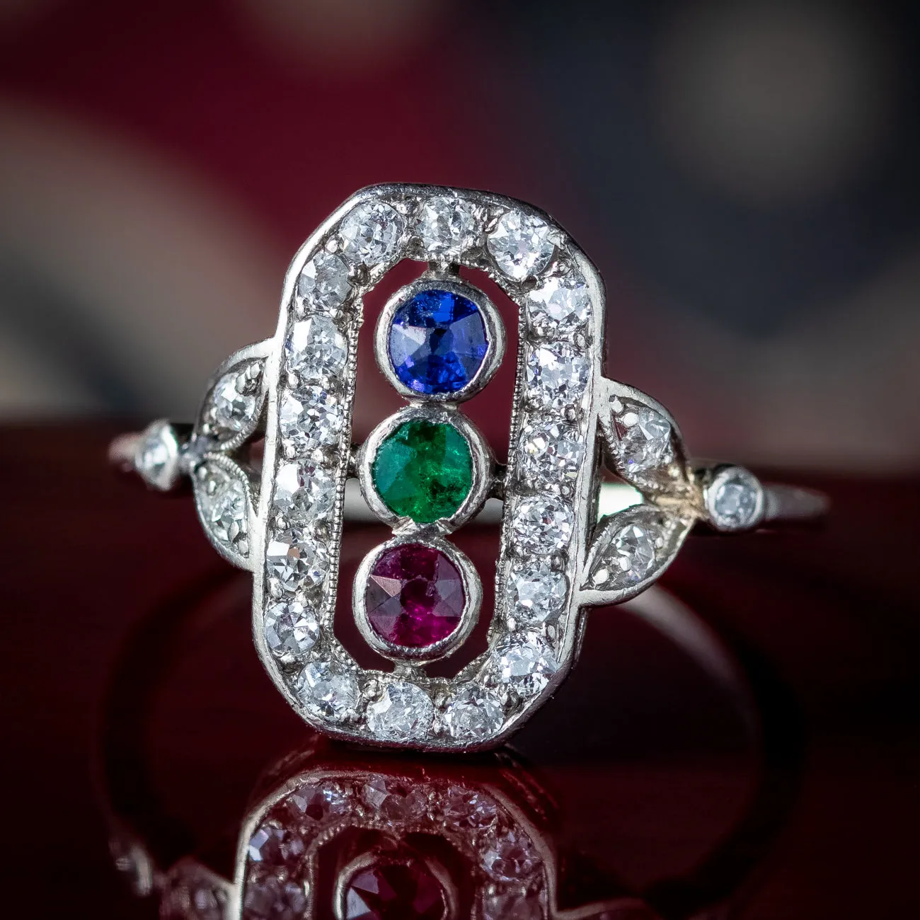 Antique Art Deco Emerald Ruby Sapphire Diamond Cluster Ring
