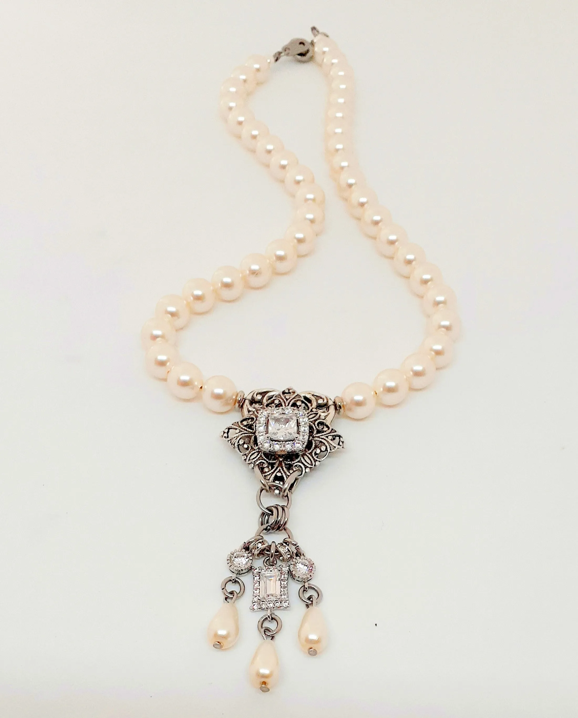 Antique Silver Victoria Pearl and Cubic Zirconia Necklace