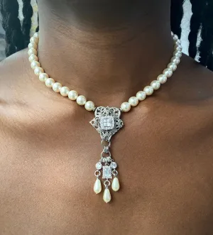 Antique Silver Victoria Pearl and Cubic Zirconia Necklace